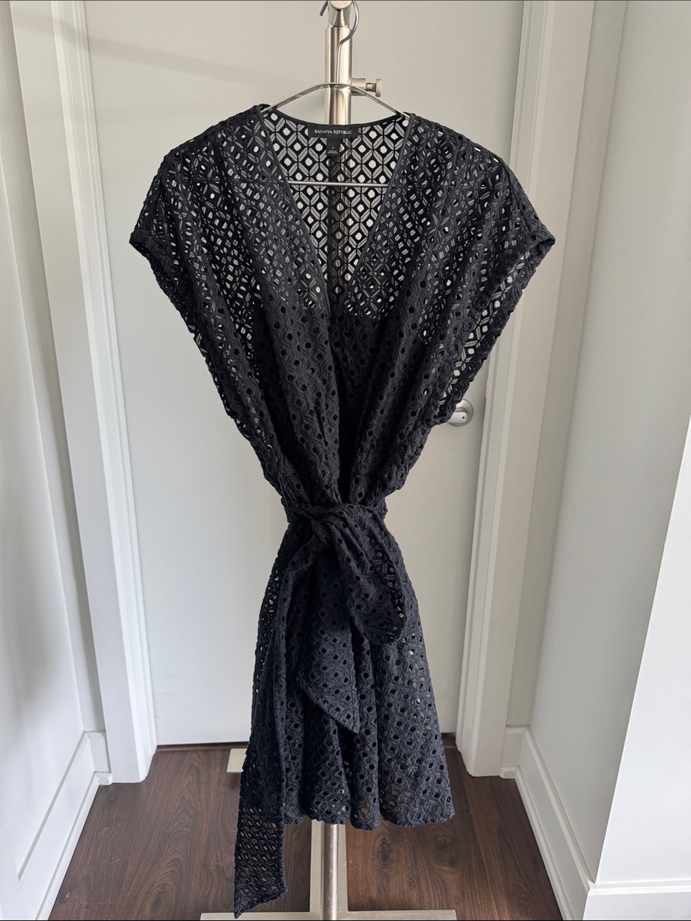 Banana Republic Black Eyelet Tie-Waist Midi Dress